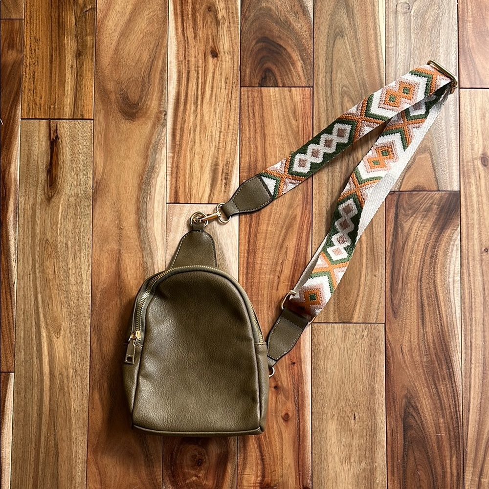 Stylish Olive Green Mini Backpack with Patterned Strap